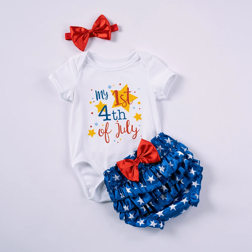 

Newborn Baby Girl July Fourth Clothes Set Short Sleeve Romper Tops Shorts Headband Infant Independence Day Outfits