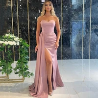 sexy slit prom dresses strapless sweep train simple satin pleat evening party gown beach sleeveless zipper back vestidos noche