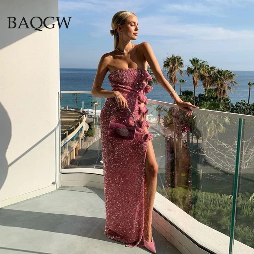 

BaQGW женское розовое роскошное блестящее платье в стиле пэчворк с бантом, длинное платье без бретелек, сексуальное женское платье с разрезом