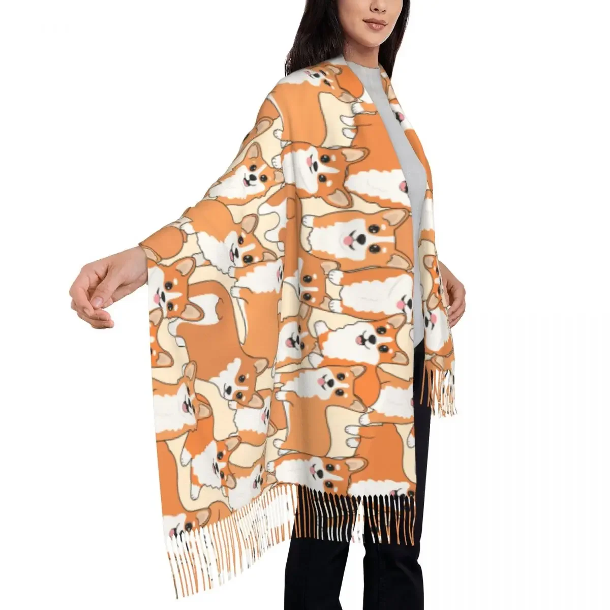 Шарф с длинной кисточкой и рисунком корги теплые мягкие шали мультяшным милым