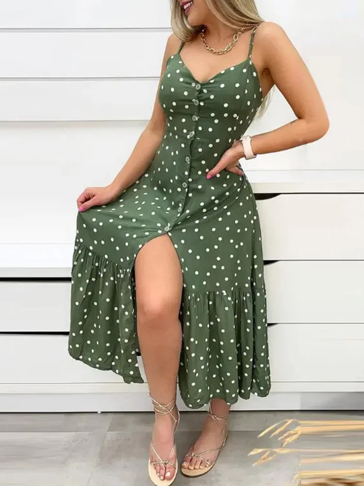 

Платье-Макси женское летнее с принтом в горошек, на пуговицах