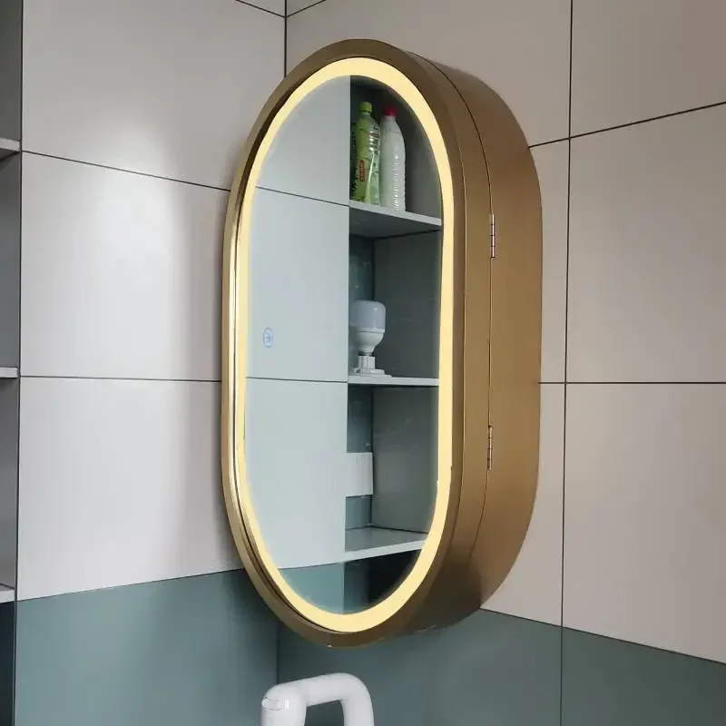 Овальный зеркальный шкаф для хранения в ванной комнате с подсветкой настенный