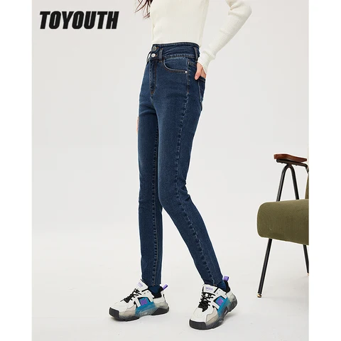 Toyouth Women Thick Jeans 2022 Winter Slim Stretch Straight Long Denim Pants Black Navy Warm Chic Casual Streetwear Trousers