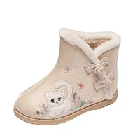 girls boots kids winter boots chinese red embroidered shoes cartoon cat flowers warm thick cotton fur children cloth snow boots