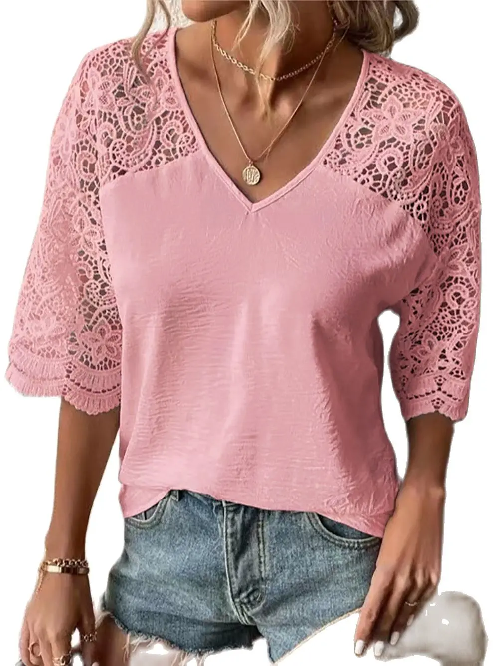 Women's shirt 2023 new women's solid color shirt loose V-neck lace shirt hollow short-sleeved shirt