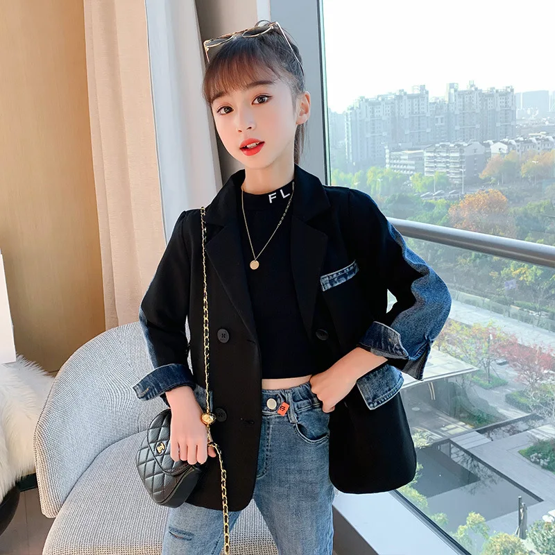 

Girls Blazer Denim Patchwork Fashion Outerwear Children Clothing 2023 Spring New Long Sleeve Casual Kids Jackets 10 12 13 Years