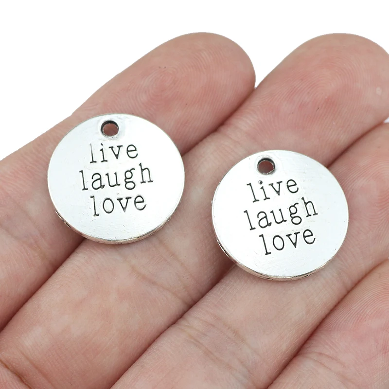 

20 Pieces Diameter 20mm Antique Silver Plated Letter Engraved Live Laugh Love Words Round Disc Charms Wholesale