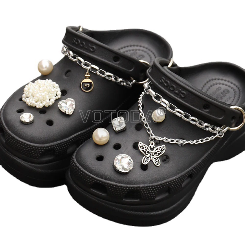 Fashion Pearl Flowers Charm Croc Shoes Accessories Bling Rhinestone Metal Chain Shoe Decoration Summer Garden Shoes Buckle Set