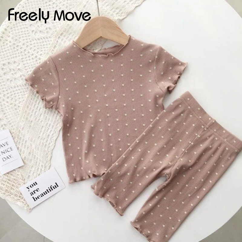 Freely Move Baby Girls Pajamas Set Summer Cotton Print Dot Short Sleeve T shirt Two Piece Set Home Wear Infant Toddler Unisex