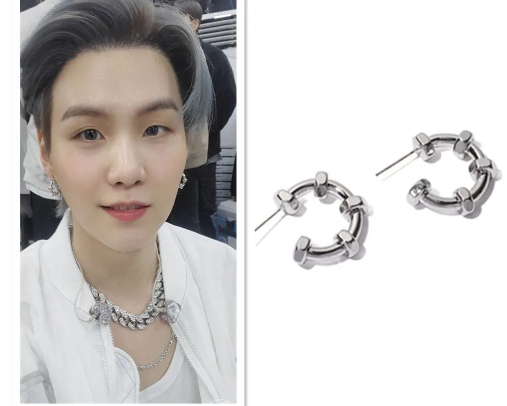 

2022 KPOP Summer New Album PROOF SUGA with The Same Style Circle Earrings Retro Design Metal Nut Shape KPOP Women's Jewelry Gift