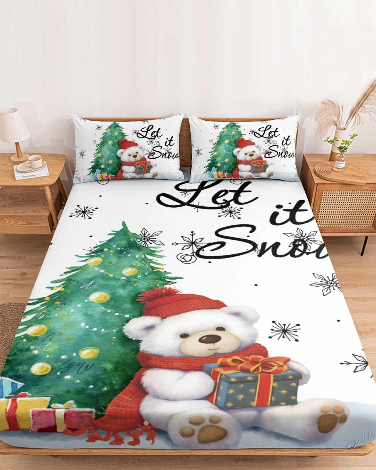 Медведь Рождественская елка Снежинки Полиэстеровая простыня Наматрасник Четыре