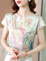 womens blouse chiffon tops for women floral printed short sleeve top o neck satin fashion clothing female 2022 new basic blouse