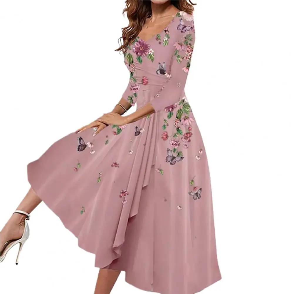 

Summer Dress Draped Large Hem Elegant Dress Mid-calf Anti-pilling Stylish Flower Pattern A-Line Midi Dress