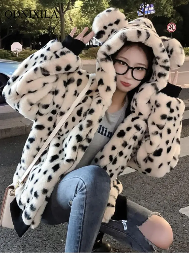 Faux Fur Coat Winter Coat for Women Imitation Rabbit Fur Leopard Pattern Spot Hooded Thickened Bear Ears Cute Jackets Top Women