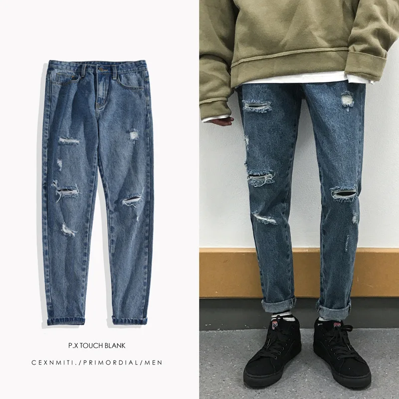

Denim Jeans Men's Trendy 2022 Brand Tooling Harem Pants Washed Ripped Hole Japanese Retro Pants Autumn New Loose Pants Men