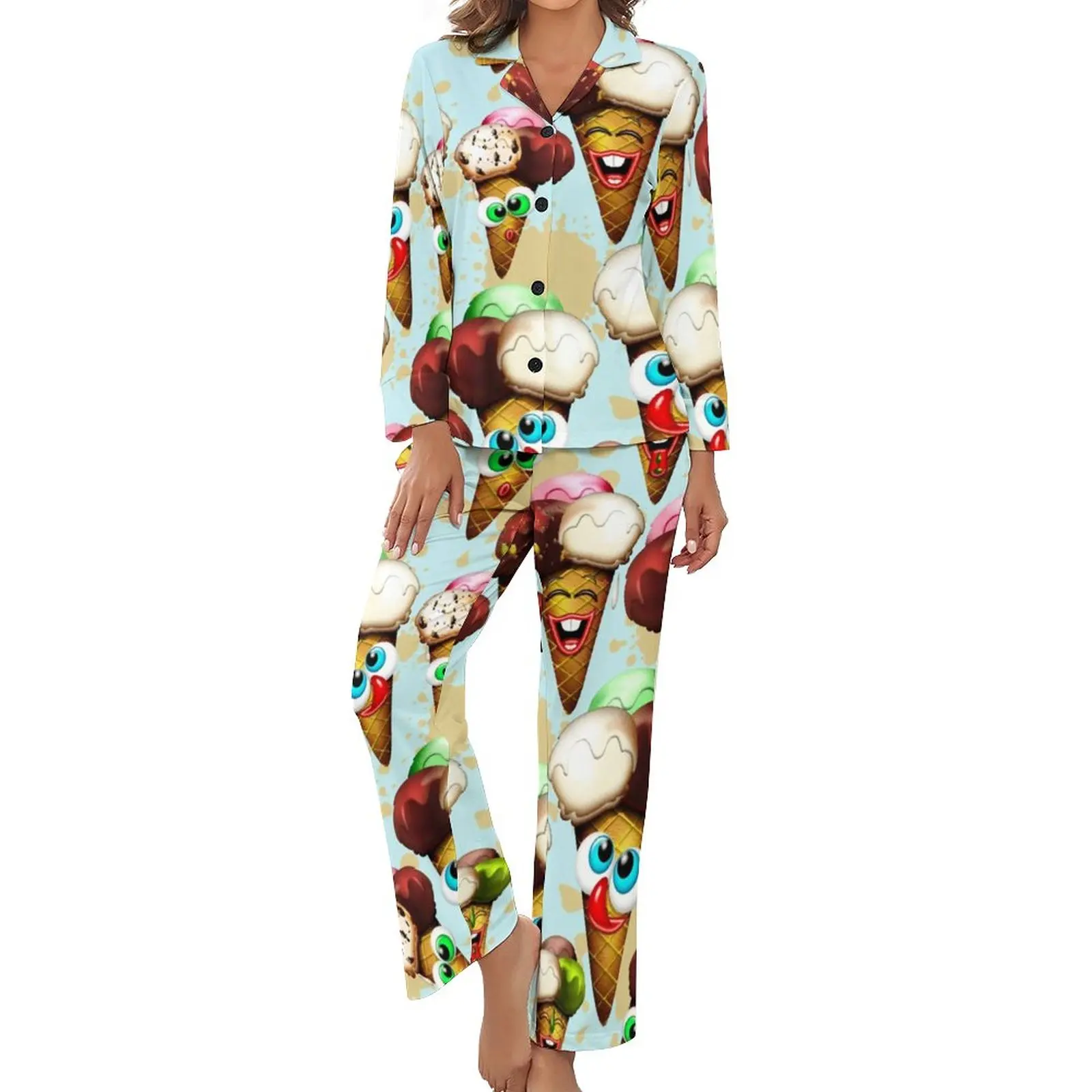 

Fun Ice Cream Cones Pajamas Cartoon Pattern Long Sleeves Lovely Home Suit 2 Pieces Sleep Spring Graphic Sleepwear Birthday Gift