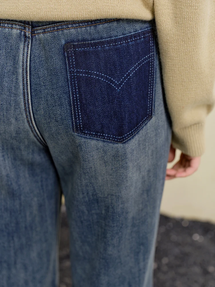 Женские прямые джинсы больших размеров свободные зимние модные ретро синие