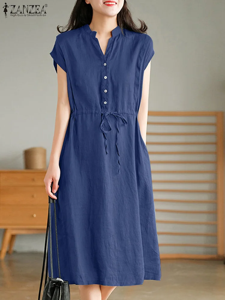 

ZANZEA Summer Sundress Elegant V Neck Short Sleeve Solid Shirt Dress Fashion Casual Work Knee-length Vestidos Kaftan Robe Femme