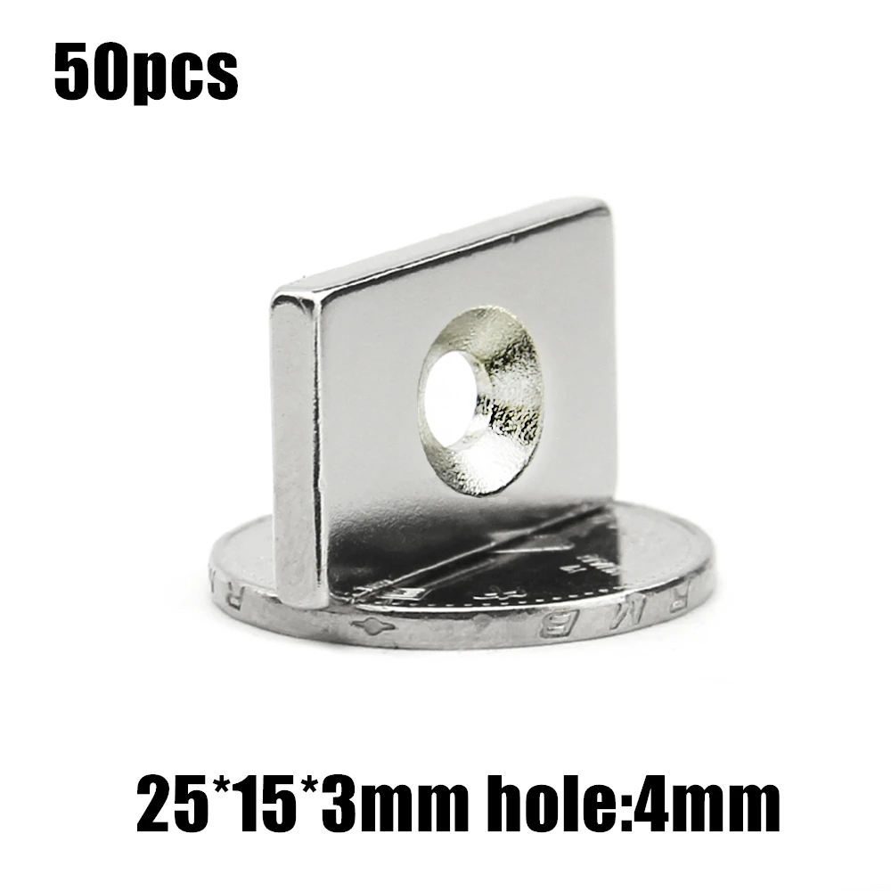 

Неодимовый магнит NdFeB N35, сверх мощный постоянный магнит, отверстие 4 мм, 50 шт., 25x15x3 мм, N35 25x15x3 мм