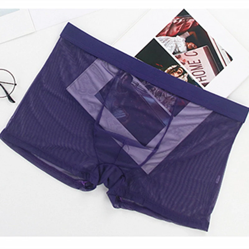 New Transparent Men's Boxer Briefs Lace Tulle Mesh Large Size Four-Corner Sexy Underwear Seamless Ice Silk Men's Underwear