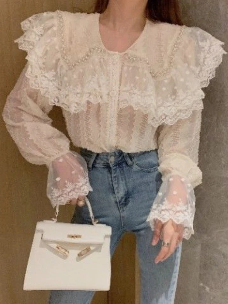 

Women Autumn Shirts Chic Lace Peter Pan Collar Temperament Blouses Tops Korean Fashion Elegant Sweet Blusas De Mujer Feminina