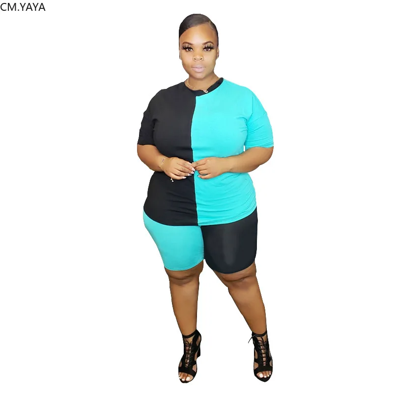 CM.YAYA Patchwork Women Two Piece Sets Summer Tracksuit Short Sleeve Tee Tops + Shorts Leggings Suit Fitness Outfit Sweatsuit |