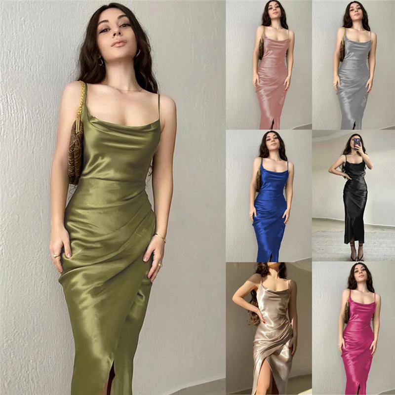 

Bust Ruched Folds Rose Red Satin Slip Dress Women Vestidos De Fiesta Casual Sleevless Silk Maxi Dress Sundress Robe 2022