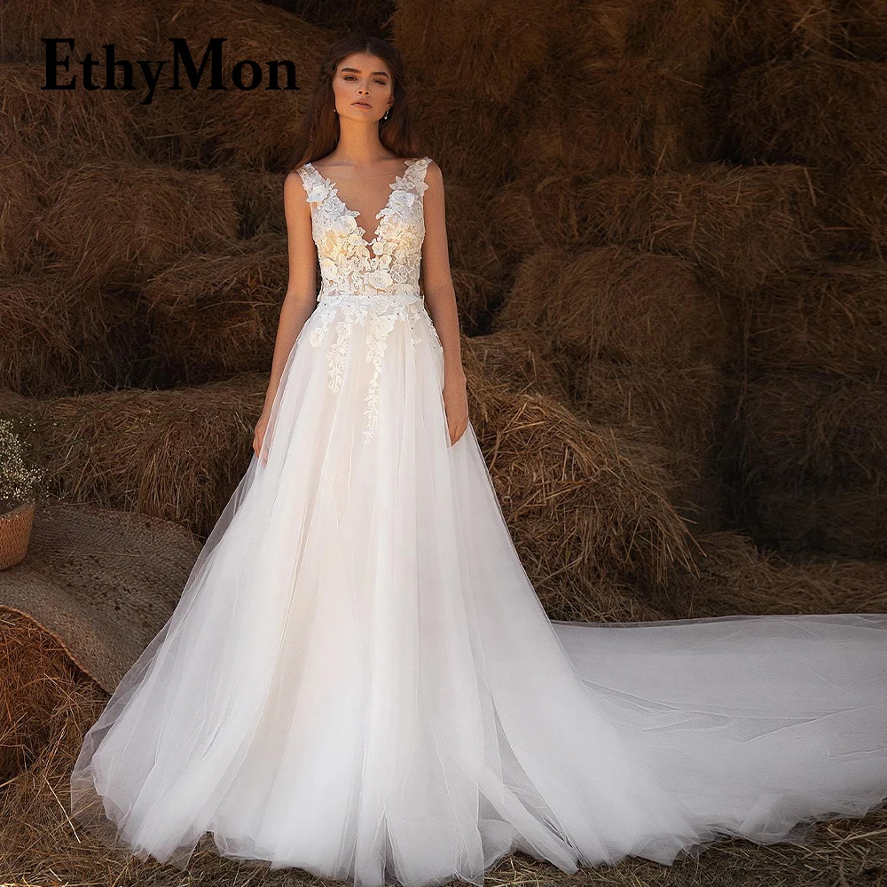 

Ethymon Princess Deep V-Neck Backless Beads Floral Print Wedding Dress Tulle 2023 Bridal Gown Vestidos De Novia Made To Order