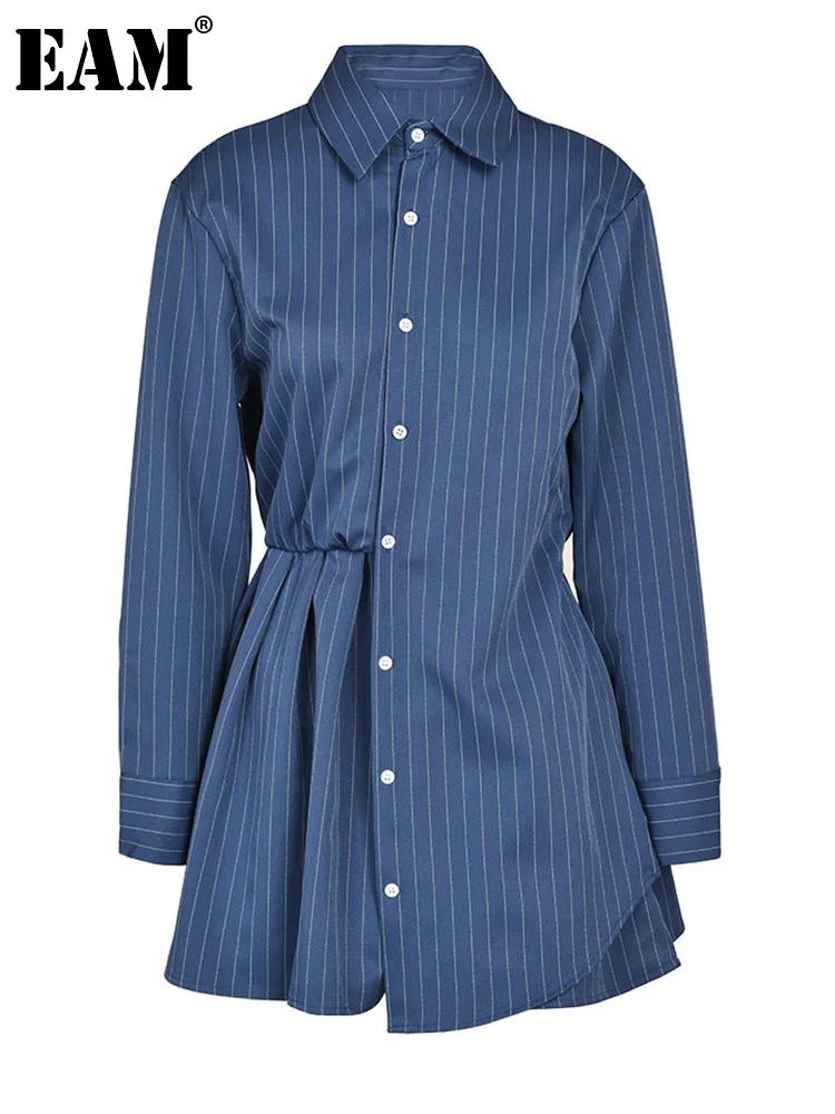 

[EAM] Women Blue Striped Pleated Long Big Size Blouse New Lapel Long Sleeve Loose Fit Shirt Fashion Spring Autumn 2023 CP1331