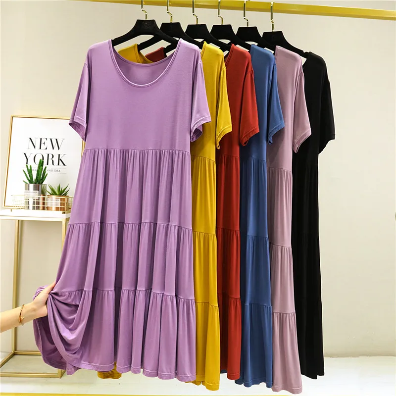 

Fdfklak Comfortable Modal Cotton Nightwear Women's Nightgowns Loose Short Sleeve Long Dress Sweet Home Wear Sleepwear Nightdress