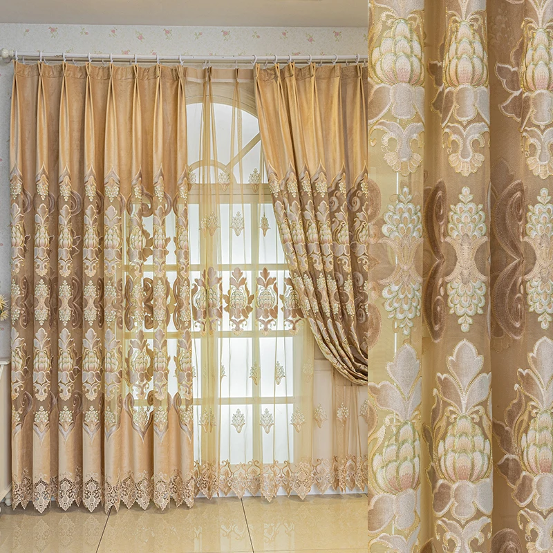 

Занавеска на заказ, европейская искусственная Роскошная вышивка, жаккардовая ткань, желтая ажурная ткань, светонепроницаемая штора, модель M1444