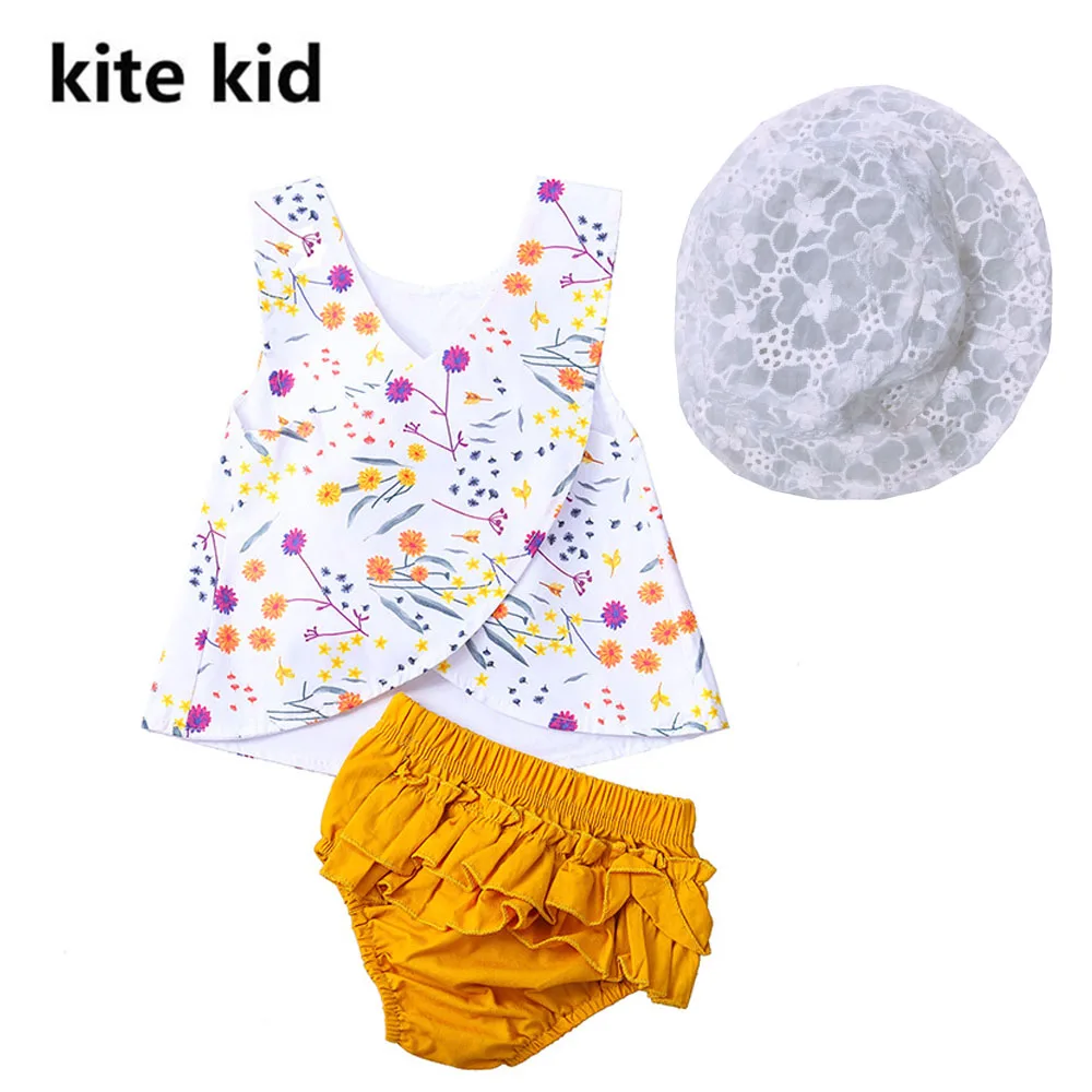 0-18M Summer Baby Girl Clothes Flower Vest Sling Ruffle PP Shorts Hollowed Lace Hat Holiday Birthday Photoshoot Outfit