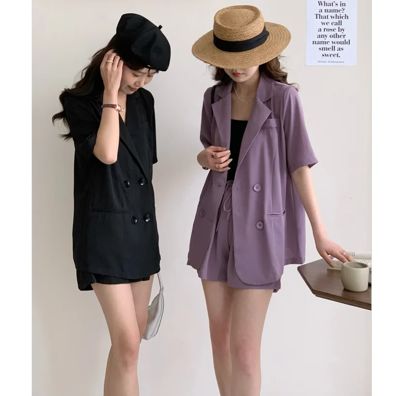 

High Street Fashions Purple Blazers Two Piece Suits Women Summer New Loose Short Sleeve Jackets + High Waist Shorts Sets Female