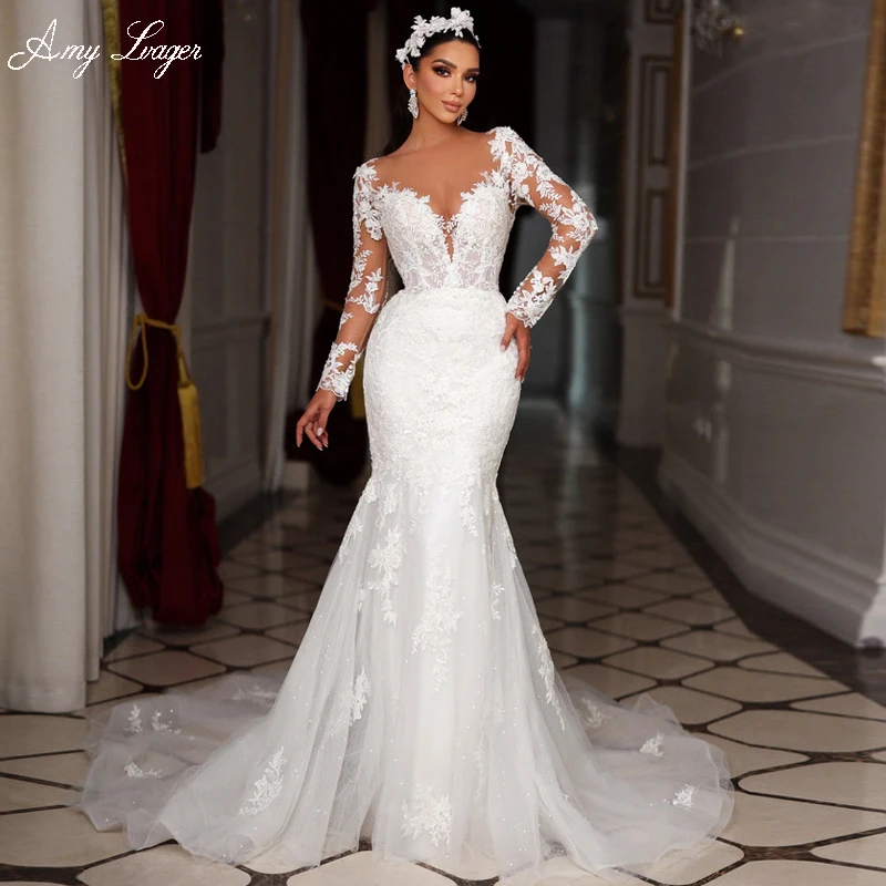 

New Romantic Scoop Neck Beading Long Sleeves Mermaid Wedding Dress 2023 Gorgeous Appliques Detachable Train Trumpet Bridal Gown