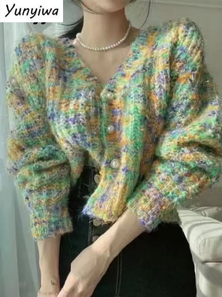 

Женский трикотажный кардиган с V-образным вырезом, радужная модная одежда с длинным рукавом, милый Повседневный однотонный топ 2022