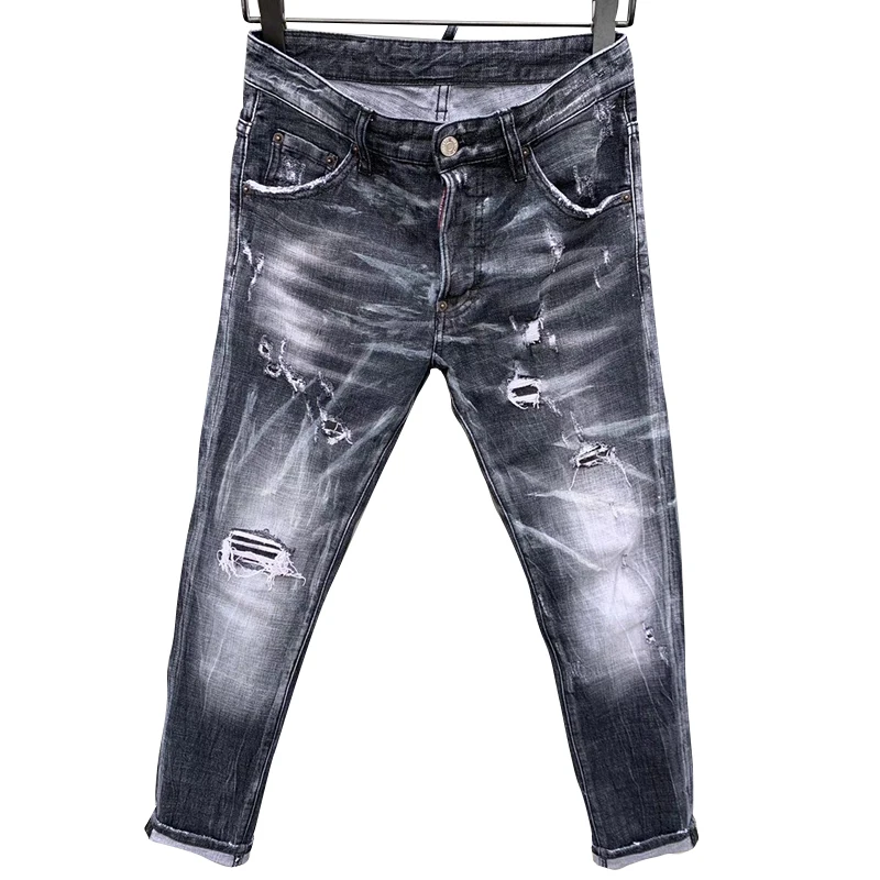 Starbags DSQ Fashionably fit men ripped patch jeans paintbroken ink micro bounce blue small foot pants men