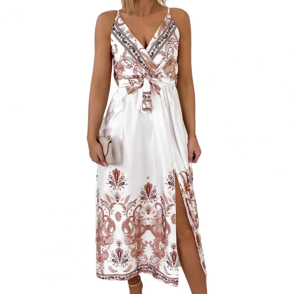 

Vintage Women Dress Elegant Female Vestidos Stain Smooth Surface Sleeveless Flower Print Deep V Neck Maxi Dress Female Clothes