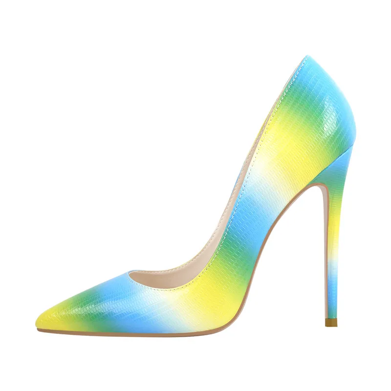 Onlymaker Women Rainbow Pointed Toe Stilettos Pumps Slip On Shoes Multicolor Patent Leather Shallow Thin High Heels