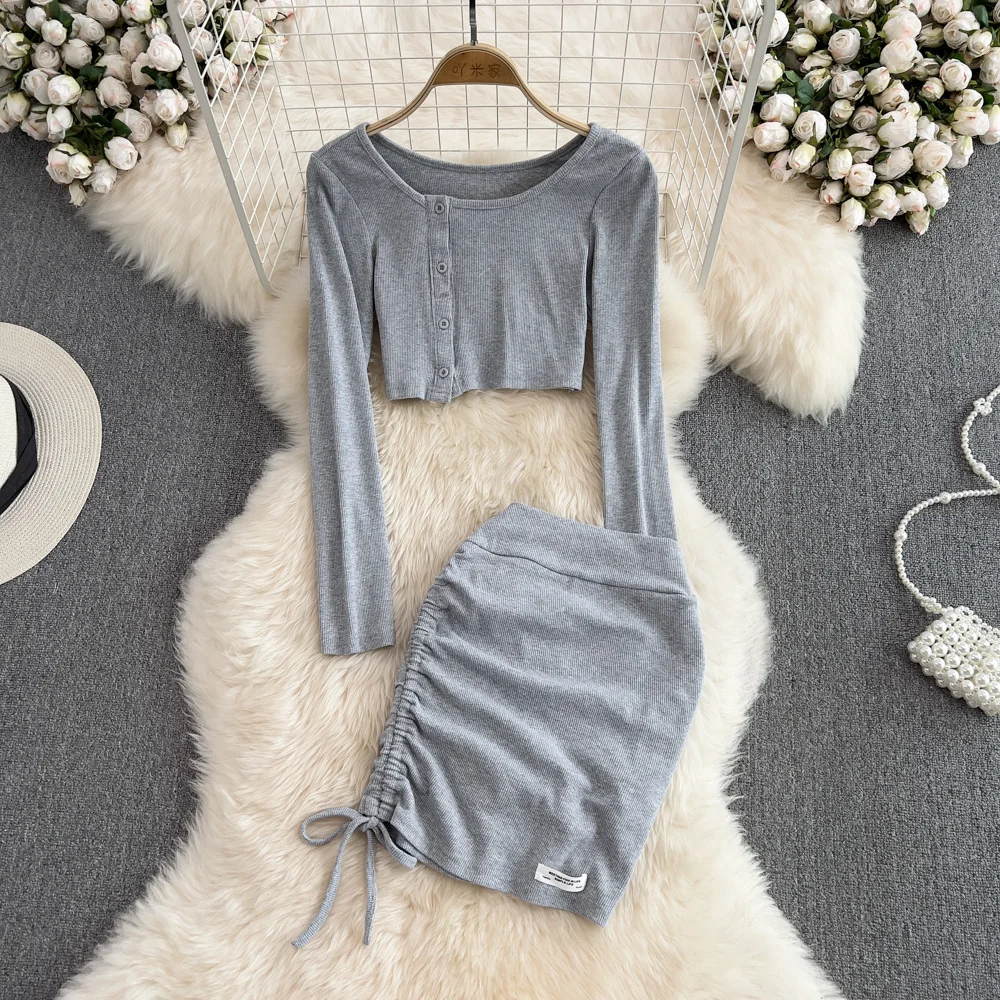 

Girl's Casual Skirt Suit Women's Classic Long Sleeve Short Cold Navel Top Two Piece Sets With High Waist Pleated Bodycon Skirt