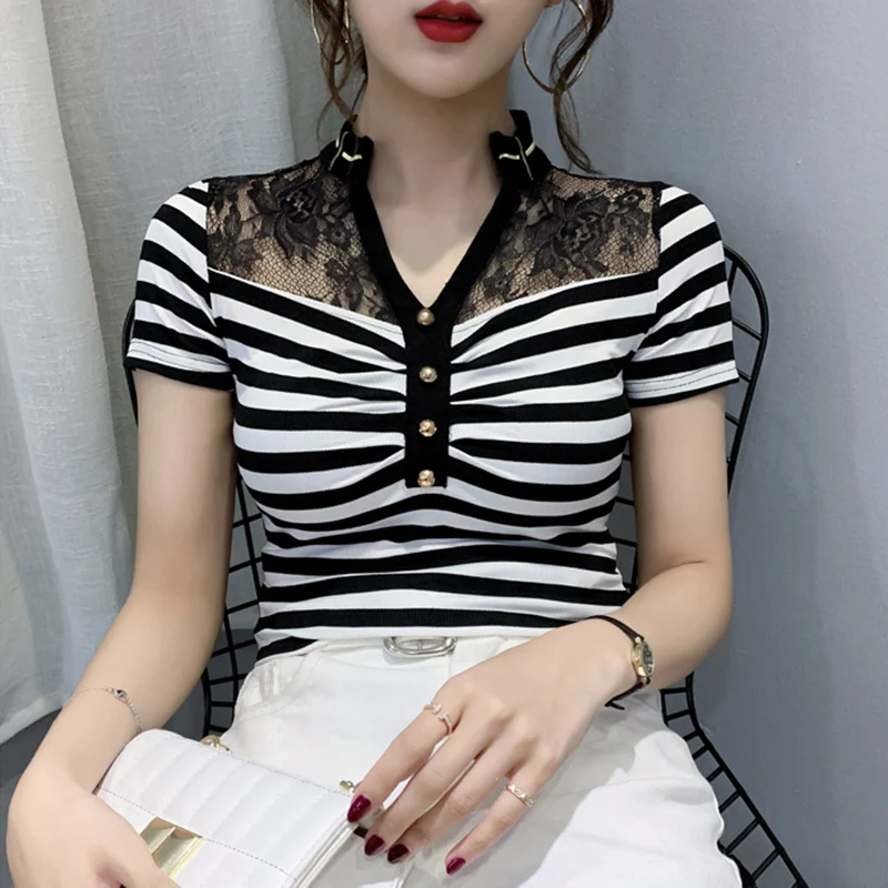 

New 2022 Summer Women's Tops Fashion Casual V-Neck Short Sleeved Striped Lace T-Shirt Camisetas Blusas Clothing