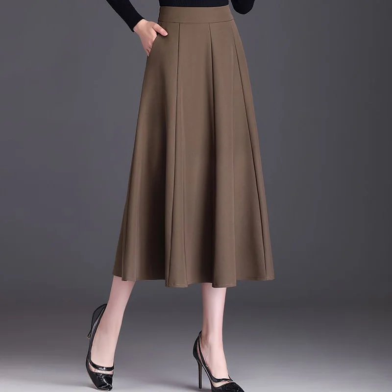 Модная Свободная юбка со складками и карманами, женская одежда, Новинка осени 2023, однотонная Офисная Женская юбка большого размера
