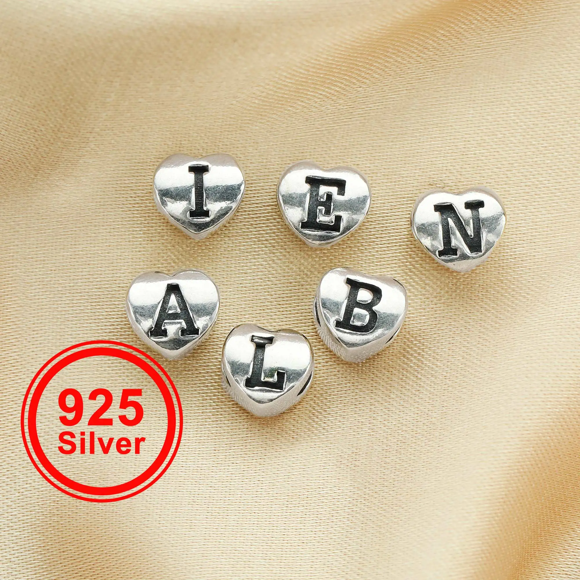 

6MM Initial Letter Heart Beads Charm,Alphabet Charm with 2.5MM Hole,Solid 925 Sterling Silver Charm,Hole Bead 1431143