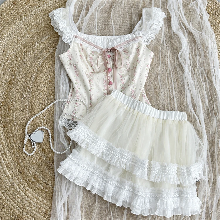 Женский Кружевной укороченный топ с рукавами-фонариками и мини-юбка