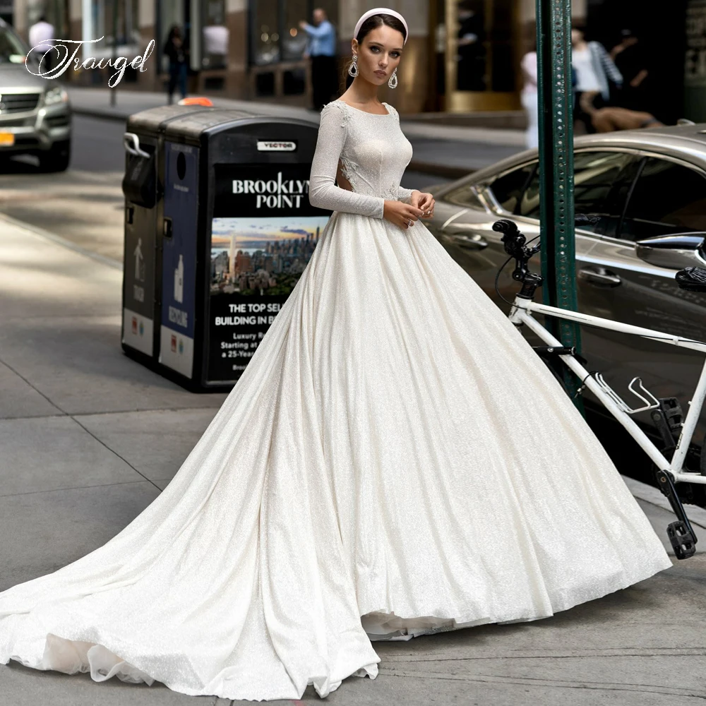 

Traugel Luxury Scoop Long Sleeve Lace Vintage Wedding Dresses Exquisite Illusion Appliques Beaded Court Train A Line Bridal Gown