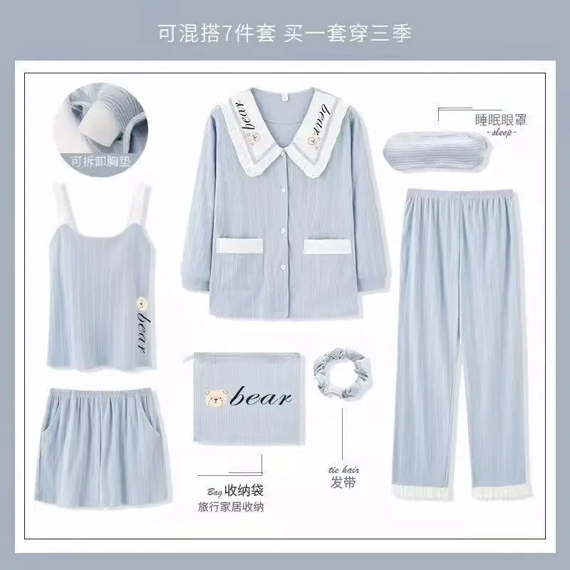 Pyjama 7 Pieces Women Spring Autumn Sleepwear Cotton Wear Home Clothes Sweet Casual Pajama Japan Cartoon Anime Print Mujer Lady