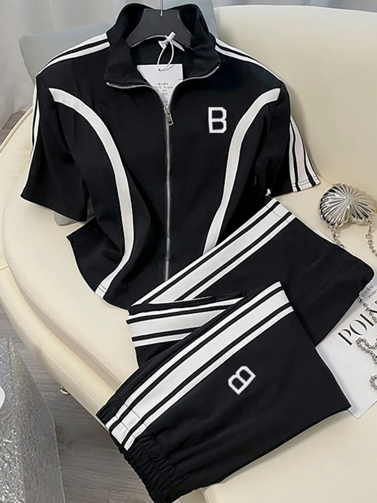 

Short Sleeved Zipper Top Trousers Two-Piece Set For Women 2023 Summer Collar Striped Casual Sportswear Pantsuit Female Tracksuit