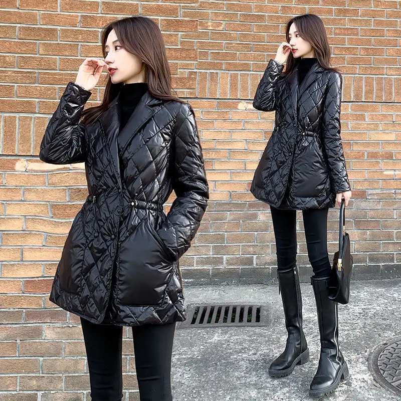 

2022 Autumn And Winter New Waist Down Padded Jacket Women's Mid-Length Slim Black Diamond Lattice Light Coat Female