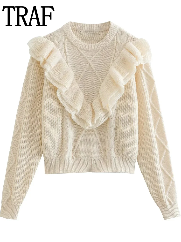 

TRAF Cropped Knitted Sweater Women Crewneck Elegant Sweater Woman Winter 2022 Ruffle Long Sleeve Top Pullover Crop Knit Top