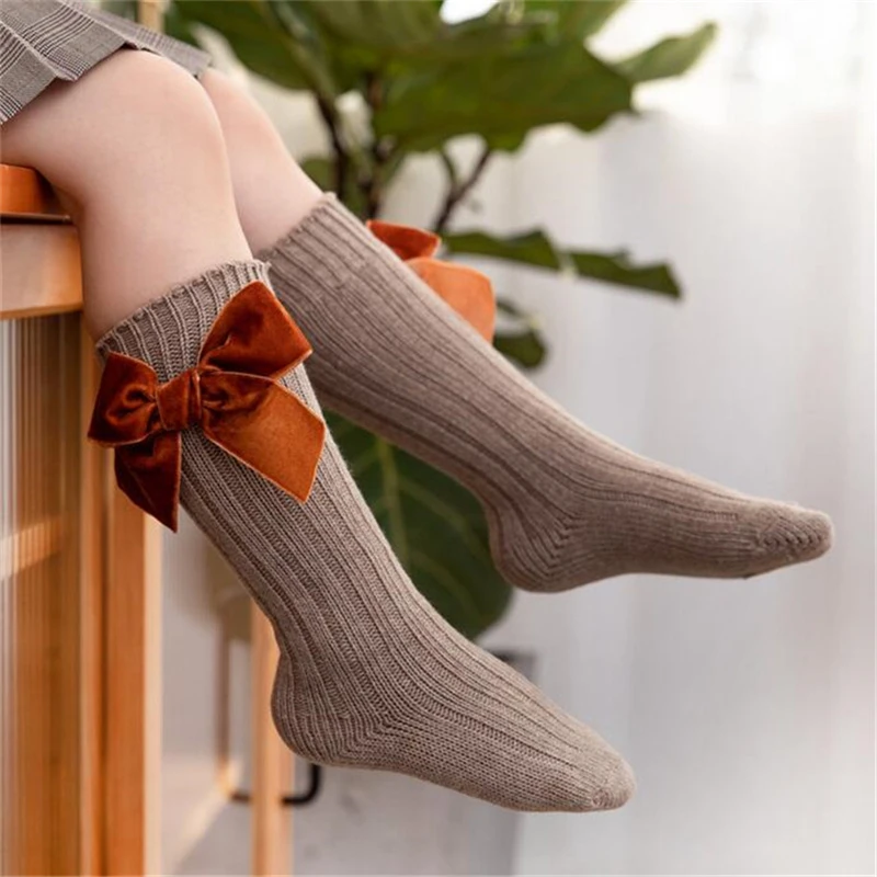 

Baby Girls Knee High Socks Kids Cotton Big Bow New Years Sock Solid Woolen Leg Warmers Girl Toddler Soft Long Socks For Children
