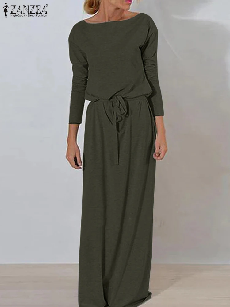 

ZANZEA Fashion Boat Neck Solid Long Sundress Women Spring Long Sleeve Maxi Dress Kaftan Loose Sundress Belted Oversize Robe